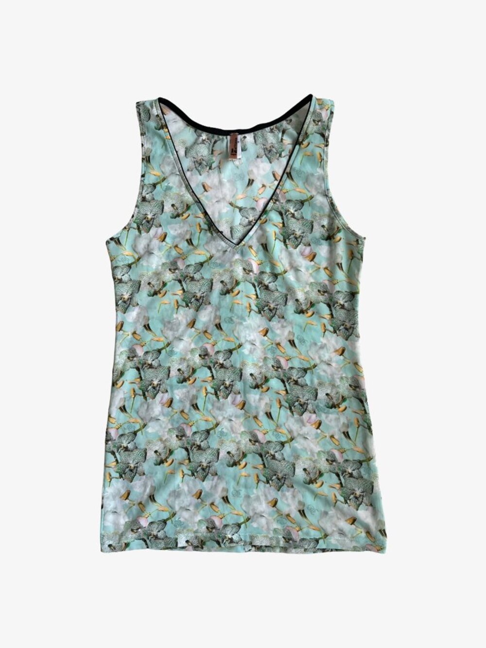 Vintage Y2K Turquoise Blue Orchid Print V-Neck Sleeveless Top by John Galliano